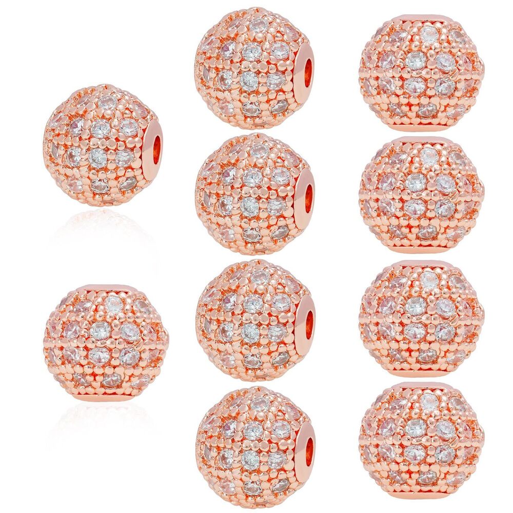 2073 10 PCS Round Charm Spacer Beads, 8mm Rose Gold Brass White Zircon Pave